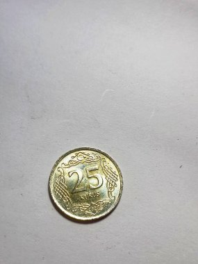 Turkey in June 2022. Isolated white photo of a coin with a denomination of 25 Kurus Turkish lira. Lira is the currency of Turkey. one Turkish lira is equivalent to 100 kurus.