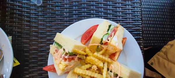 Western Mainstay Breakfast Menu Meat Sandwiches Vegetables Combined French Fries — Fotografia de Stock