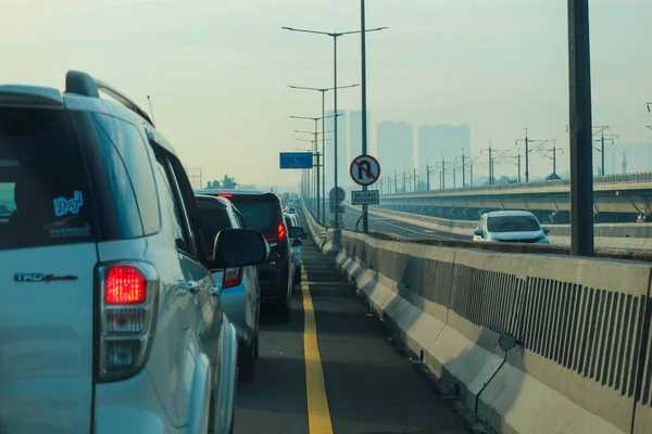 stock image West Java, Indonesia in April 2023. The traffic jam that occurred on the Jakarta Cikampek 2 elevated toll road or known as the MBZ Mohammad Bin Zayed toll road during Eid homecoming was due to a succession of car accidents.