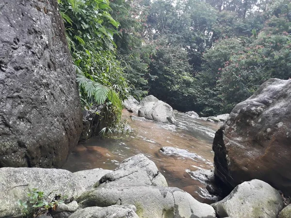 Ambiente Río Cuyo Flujo Bastante Tranquilo Rodeado Rocas Varios Tamaños — Foto de Stock
