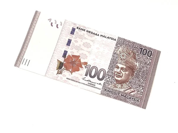 一张100林吉特马来西亚人钞票的孤立的白色照片 适用于马来西亚人金融或个人金融的例证 — 图库照片