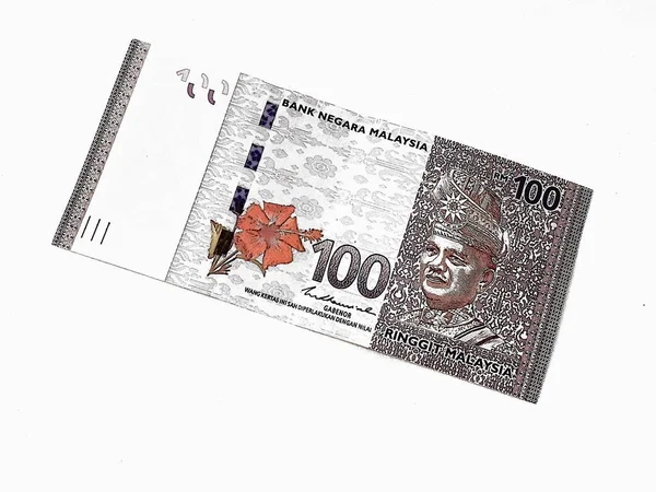 Foto Aislada Blanco Una Pieza 100 Billetes Banco Malayos Ringgit — Foto de Stock