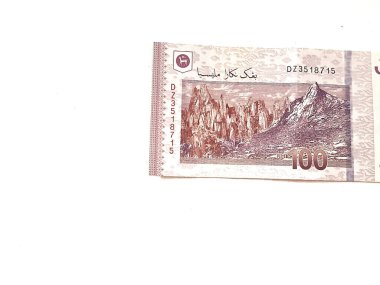 100 ringgit Malezya banknotundan birinin izole edilmiş beyaz fotoğrafı. Malezya finansmanı veya kişisel finans için uygun illüstrasyon.