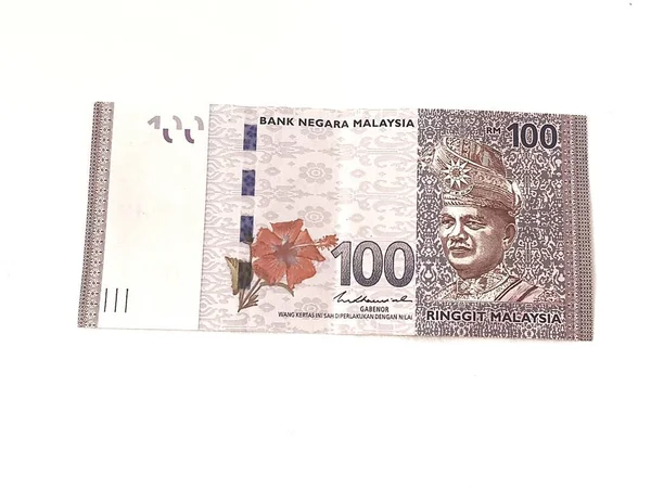 Izolovaná Bílá Fotka Jednoho Kusu 100 Malajských Bankovek Vhodná Ilustrace — Stock fotografie