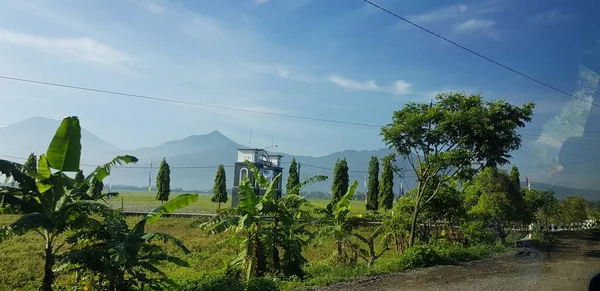 Yeşil Pirinç Tarlaları Mavi Gökyüzü Beyaz Bulutlu Bahçeler Arkasındaki Dağın — Stok fotoğraf