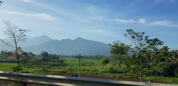 绿稻田 蓝天白云的园林景观 你可以看到他身后一座山的轮廓 这种观点在去日惹的路上也是如此 — 图库照片