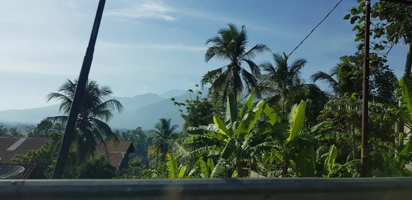 青空と白い雲と緑の田んぼや庭園の景色 彼の後ろには山のシルエットが見える この景色は ヨガジャカルタへの道を行くときの景色です — ストック写真