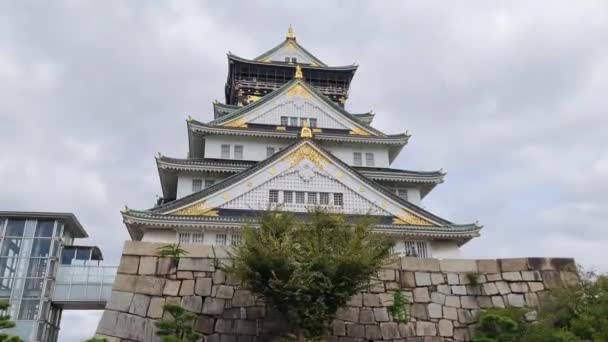 晴れた夏の日には 青い空と白い雲で大阪城の映像 城は日本の最も有名なランドマークの1つです 非常に美しい城 — ストック動画