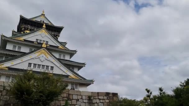 大阪城堡在阳光明媚的夏日里的形象 蓝蓝的天空和白云 城堡是日本最有名的地标之一 非常漂亮的城堡 — 图库视频影像