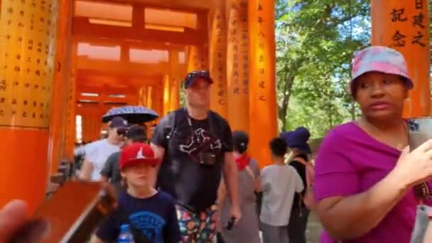 2023年10月1日 日本の京都 アジア アメリカ ヨーロッパからの多くの観光客は 京都の伏見稲荷大社を訪れ 非常に有名な鳥居ゲートで写真を撮ります 観光客のお気に入りのスポットの一つ — ストック動画