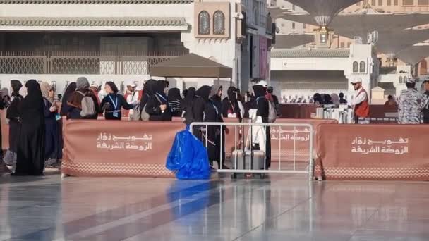2024年3月1日 沙特阿拉伯麦地那 来自世界各地的一排排女性乌姆拉朝圣者排队进入Raudhah或先知穆罕默德的坟墓 37号门使用注册的Tasreh或Nusuk — 图库视频影像