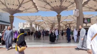 Medine, Suudi Arabistan, 2 Mart 2024. Nabawi Camii 'nin avlusunda yürüyen bir umrah veya hacının bakış açısı. Yürüyen ve ibadet eden cemaati saran görkemli ve güzel şemsiyeleri görebilirsiniz..