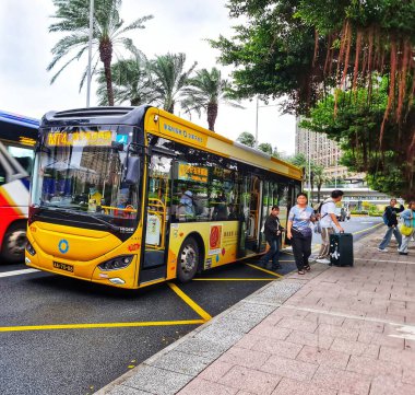 Taipa, Macau 13 Kasım 2024. Tropik bir otobüs durağında güneşli bir gün. Canlı sarı bir otobüs, yolcuların bindiği, odak noktası. Palmiye ağaçları ve yemyeşil yaşam dolu, sıcak bir atmosfer yaratır..