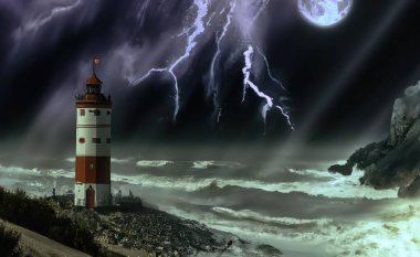 Fırtına ve ay ışığında deniz kıyısındaki eski deniz feneri