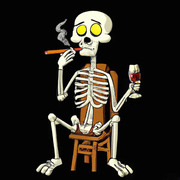 Skeleton sitting, smoking and drinking while being concerned, anti smoking and drinking concept