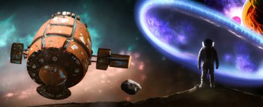 Astronot bir gezegende duruyor ve uydu ile uzay portalına bakıyor.