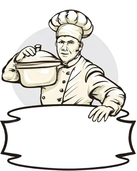 Koncepcja Logo Restauracji Szefa Kuchni Trzymającego Garnek Szablon Tekstu — Zdjęcie stockowe