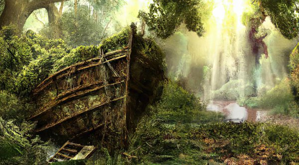 Old overgrown shipwreck in lavish forest with forest river at the side
