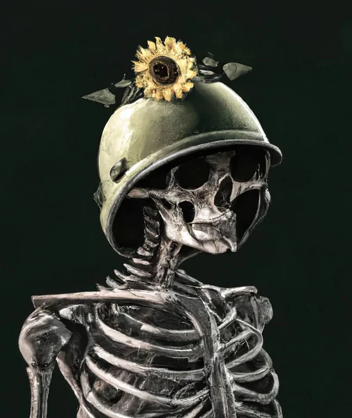 头盖骨 头戴向日葵头盔的士兵 — 图库照片