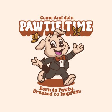 Parti Köpeği Çizgi Filmi Dapper Puppy Maskotu Bowtie ve Takım Elbise Vektörü İllüzyonu