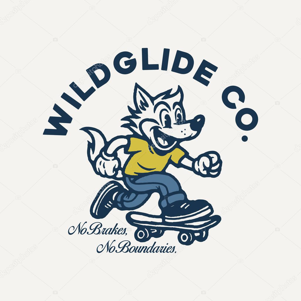 Retro Cartoon Wolf, Skateboarding Mascot Logo