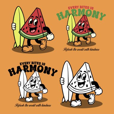 Karpuz Surf Maskotu, Sörf tahtası ve Harmony Tırnak Vektörü ile Retro Fruit Karakteri