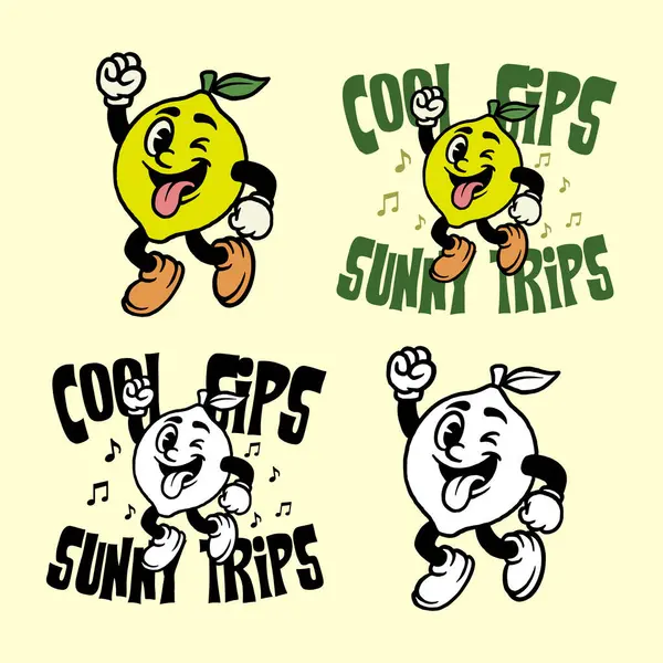 Çizgi film Limon Maskot Vektörü, Yaz Tasarımı İçin Komik Poz Veren Retro Meyve Karakteri