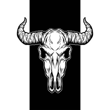 Bull Skull Vector Illustration, Vintage Horned Animal Skull Line Art for Western, Tattoo ve Rustic Design
