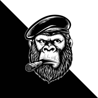 Gorilla Smoking Cigar Vector, Vintage Black and White Gorilla Head Illustration with Beret Hat clipart