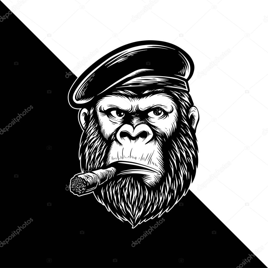 Gorilla Smoking Cigar Vector, Vintage Black and White Gorilla Head Illustration with Beret Hat