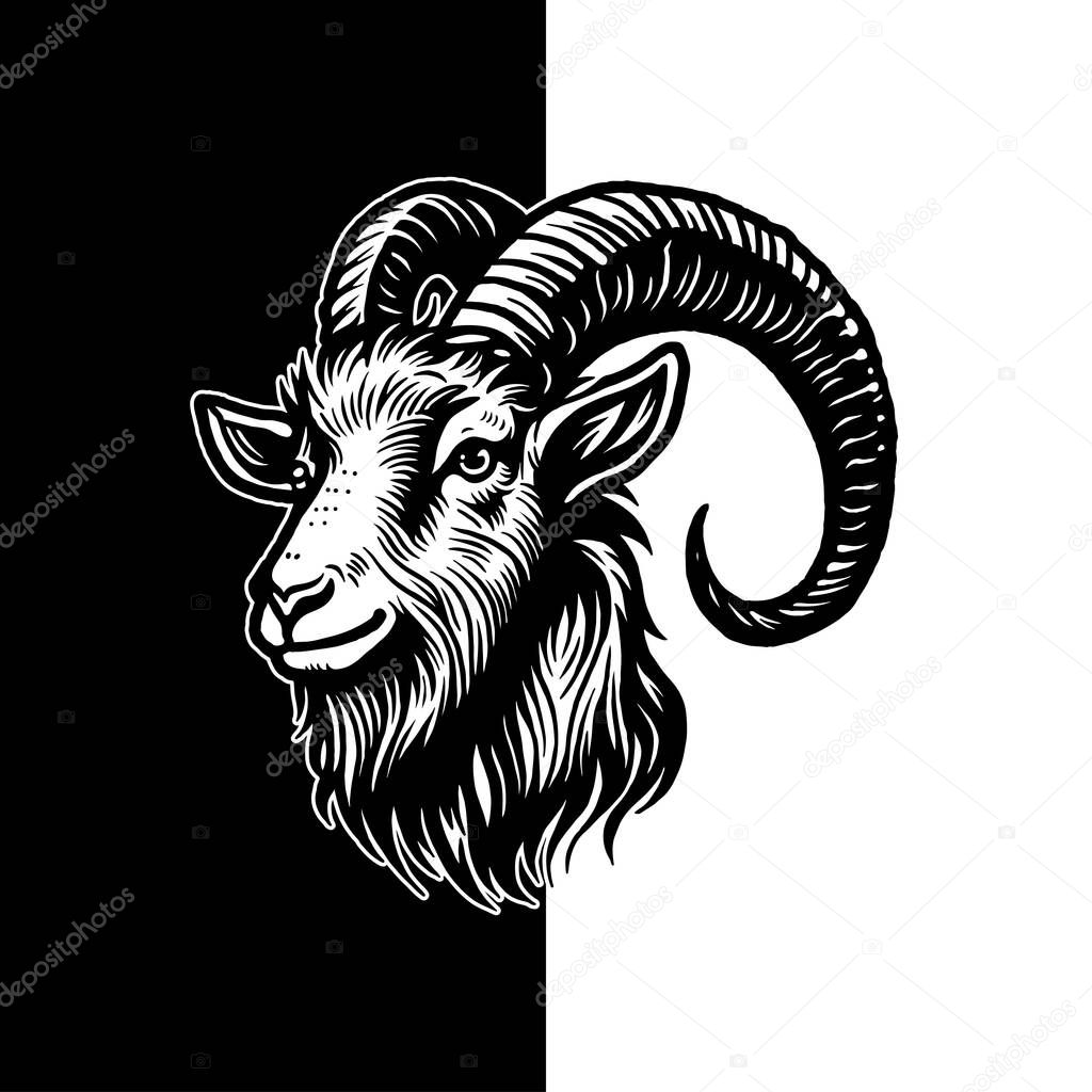 Vintage Black and White Goat Head Illustration, Bold Line Art Animal Drawing for Logo, Tattoo, and Design
