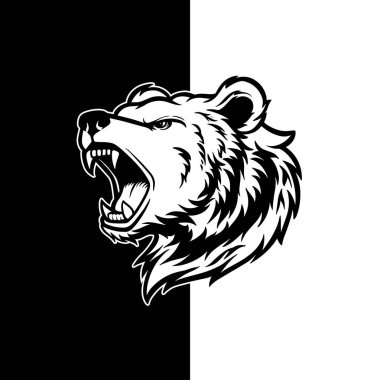 Roaring Bear Head Vector, Vintage Black and White Wild Animal Illustration clipart