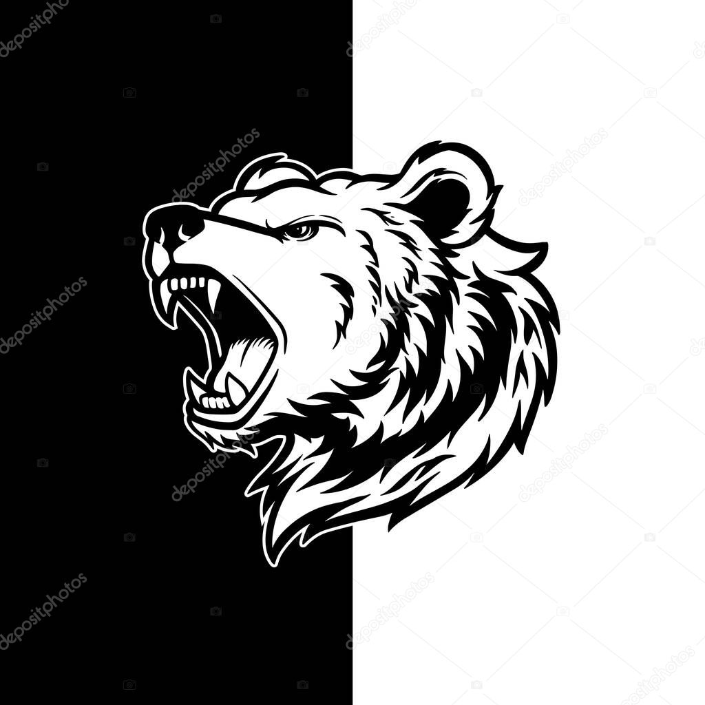 Roaring Bear Head Vector, Vintage Black and White Wild Animal Illustration
