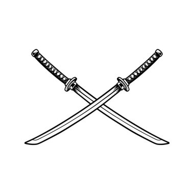 Çapraz Katana Vektörü, Samuray Kılıç İllüstrasyonu Siyah ve Beyaz Çizgi Sanat Biçimi