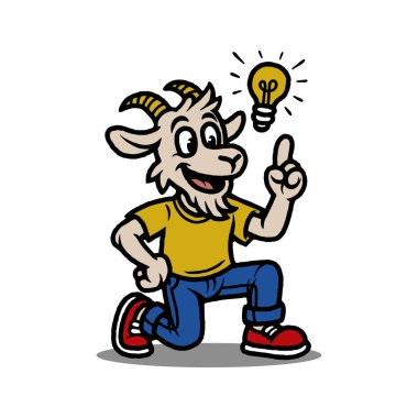Fikri Olan Çizgi Keçi Karakteri, Retro Maskot Tarzı Hayvan Tutucu Ampul