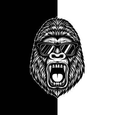 Havalı Goril Vektörü, Güneş gözlüklü Kükreyen Maymun Kafa, Siyah ve Beyaz Klasik Maskot Resimleri