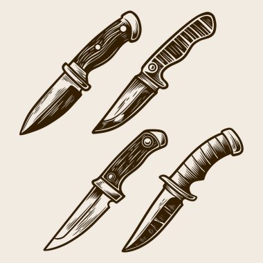 Hayatta Kalma Bıçağı Vector Seti, Vintage Av Bıçağı Clipart, Açık Bıçak Çizimi Oymalı Stil
