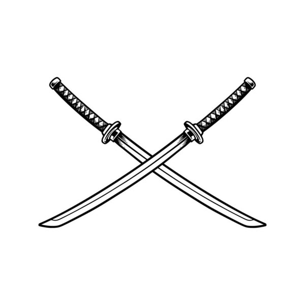 Crossed Katana Vector, Samurai Swords Illustration in Black and White Line Art Style