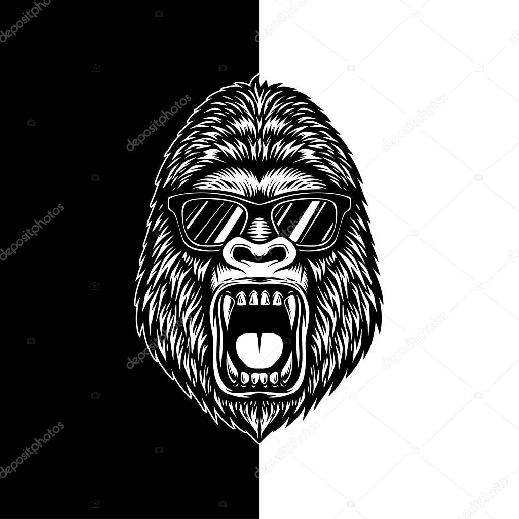 Cool Gorilla Vector, Roaring Ape Head with Sunglasses, Black and White Vintage Style Mascot Illustration