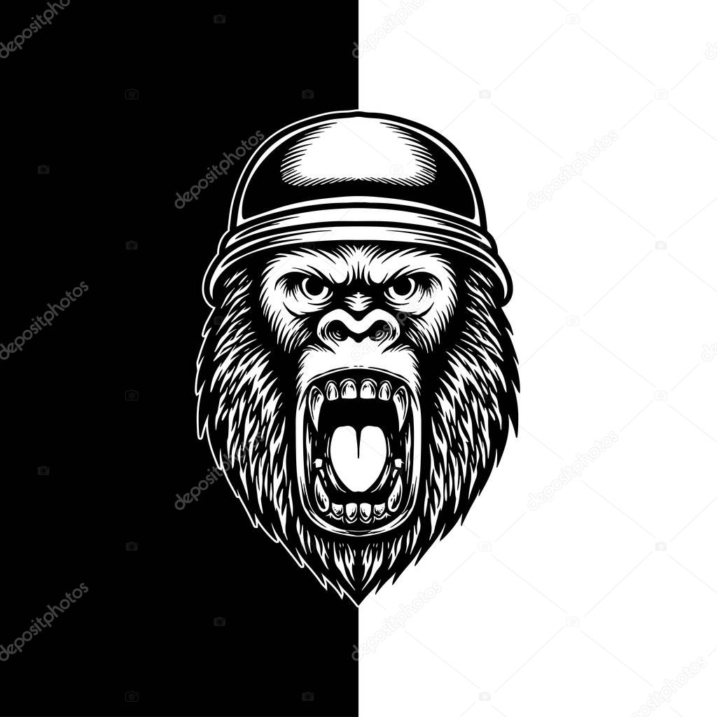 Military Gorilla Vector, Roaring Ape Head with Combat Helmet in Black and White Engraved Style