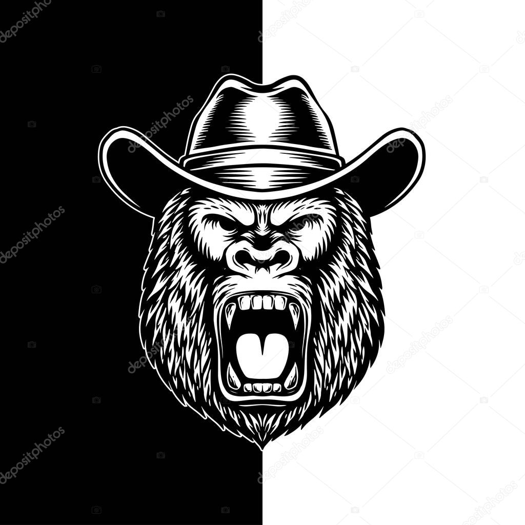 Cowboy Gorilla Vector, Angry Roaring Ape in Western Hat, Vintage Mascot Illustration in Black and White Engraved Style