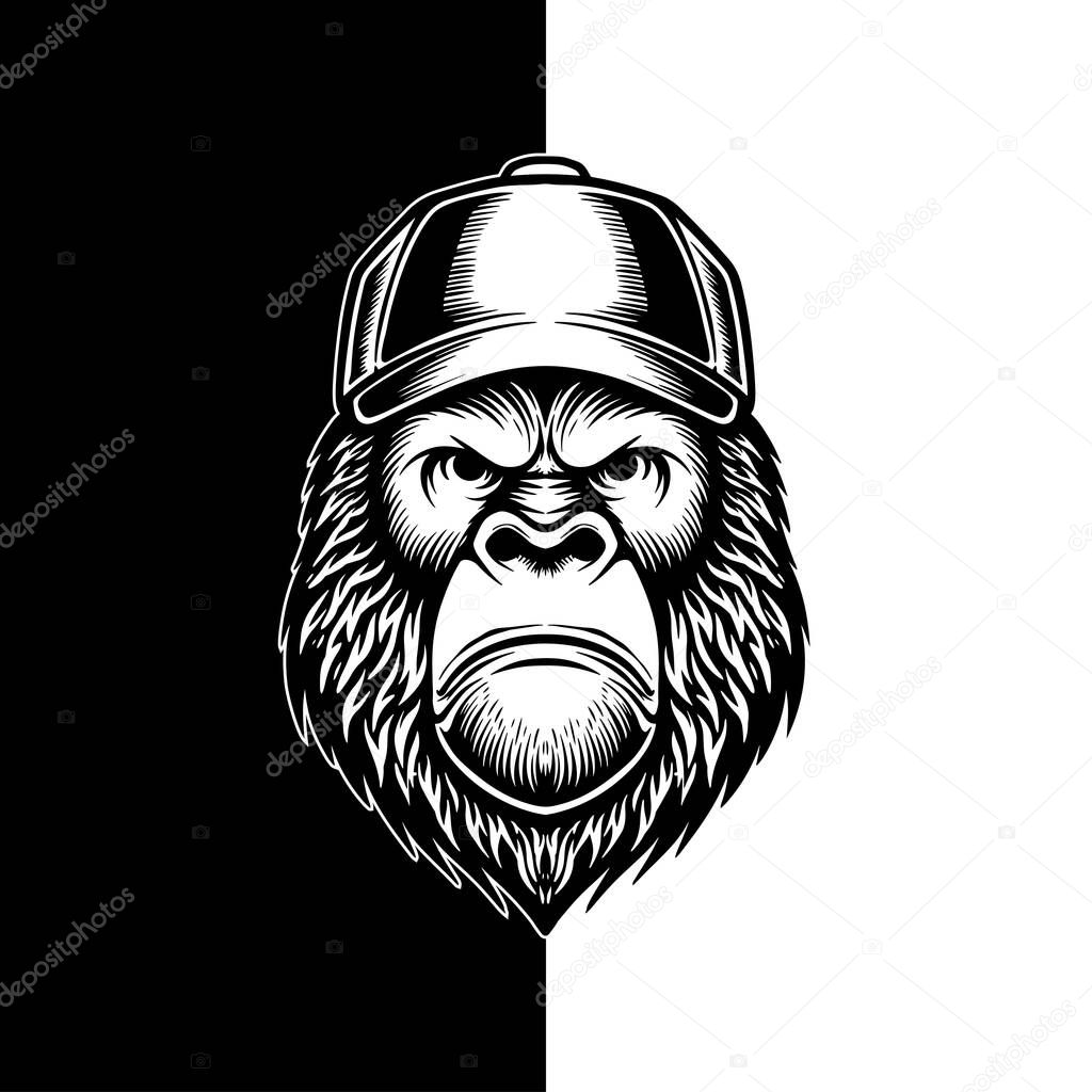 Baseball Cap Gorilla Vector, Gorilla Face in Snapback Hat, Black and White Mascot Illustration