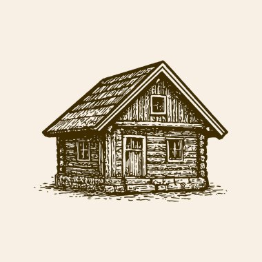 Vintage Log Cabin Illustration, Hand Drawn Tahta Ev