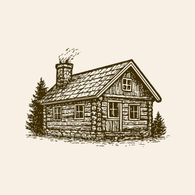 Vintage Log Cabin Illustration, Hand Drawn Tahta Ev