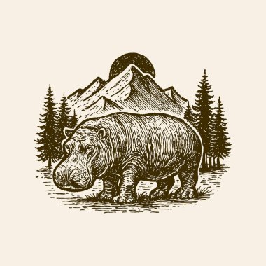 Dağ Ormanı İllüstrasyonunda Klasik Hippopotamus, El Çizimi Vahşi Yaşam Vektörü