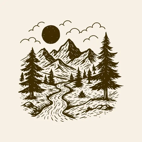 Dağ Manzarası Çizimi, El Ormanı Nehir Sahnesi