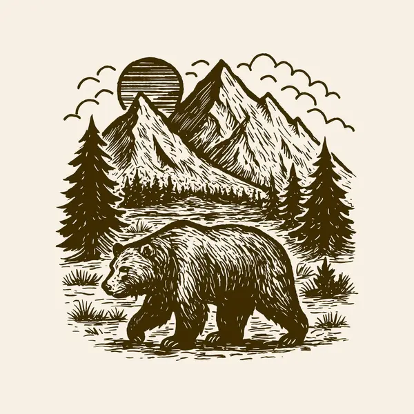 Dağ Ormanı İllüstrasyonunda Klasik Hippopotamus, El Çizimi Vahşi Yaşam Vektörü