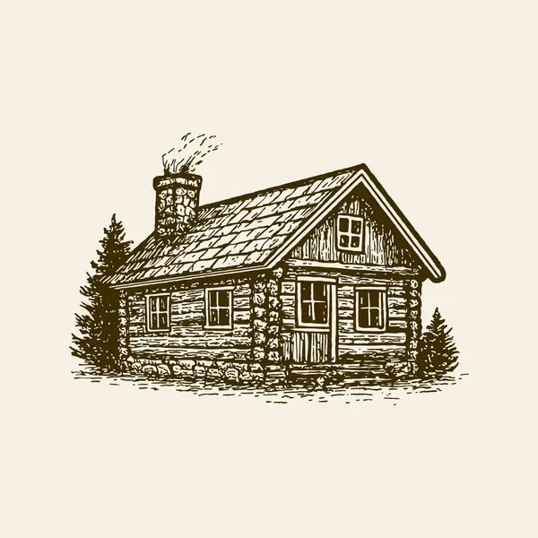 Vintage Log Cabin Illustration, Hand Drawn Tahta Ev