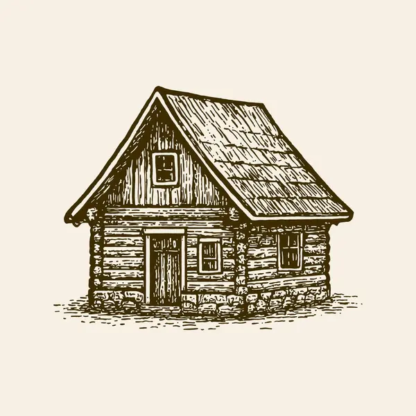 Vintage Log Cabin Illustration, Hand Drawn Tahta Ev