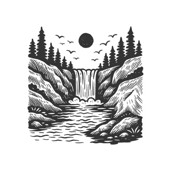 Şelale Manzarası Çizimi, Klasik Doğa Sahnesi, Orman Nehri Çizimi